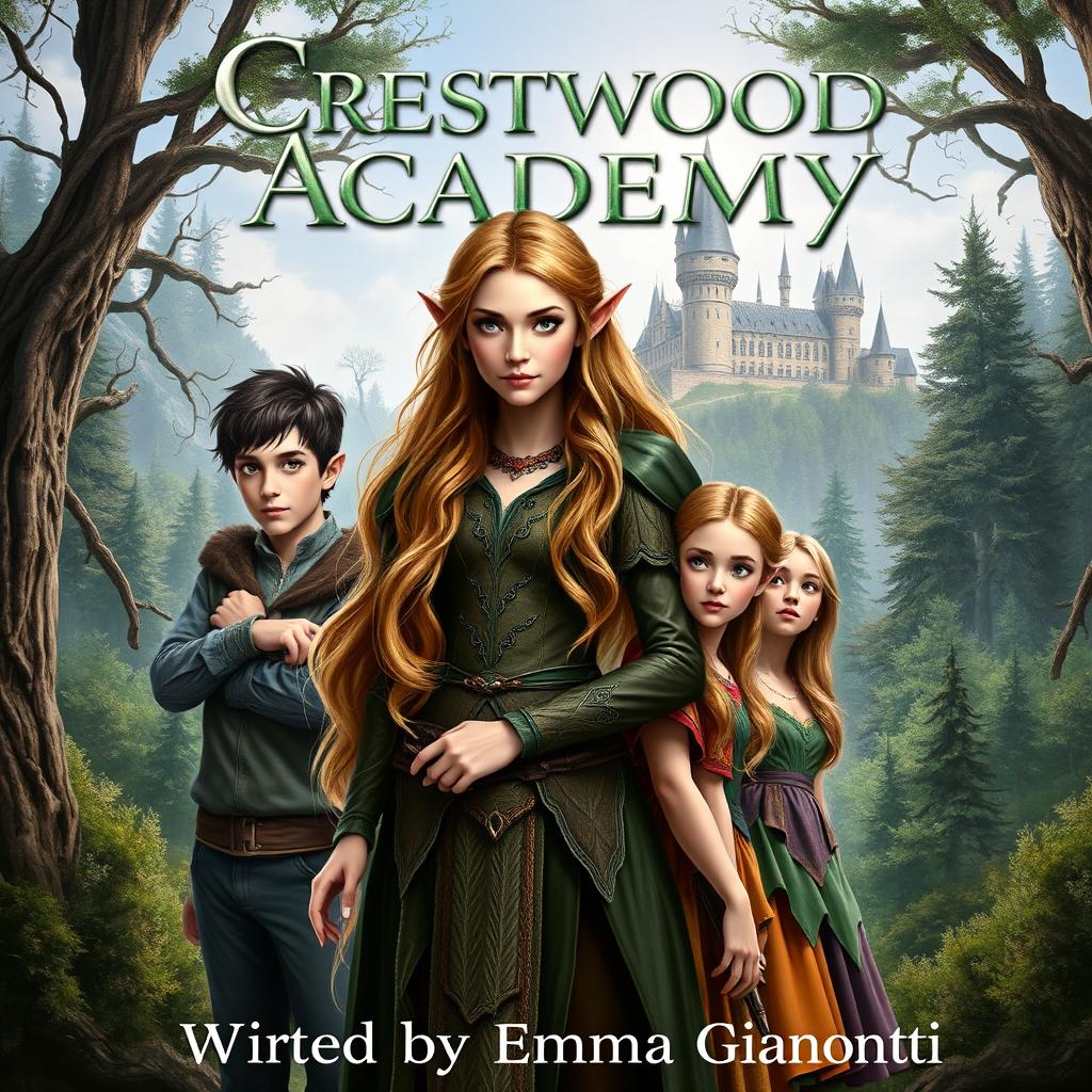 A realistic fantasy book cover featuring the title "Crestwood Academy" prominently at the top and the author's name, "Written by Emma Gianotti" at the bottom