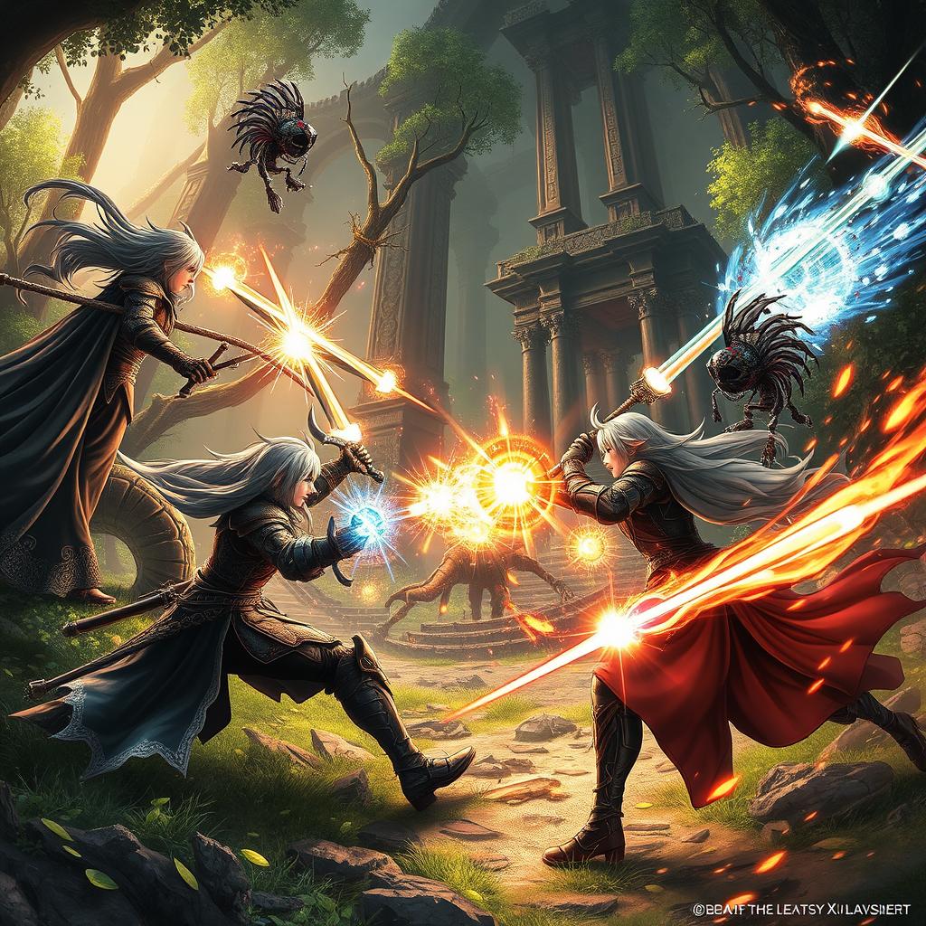 A striking scene depicting characters from Final Fantasy XVI engaged in an epic battle