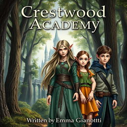 A realistic fantasy book cover featuring the title "Crestwood Academy" prominently at the top and the author's name, "Written by Emma Gianotti" at the bottom