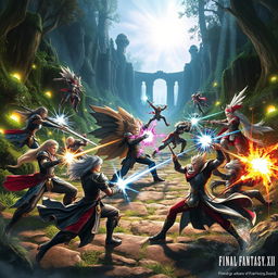 A striking scene depicting characters from Final Fantasy XVI engaged in an epic battle