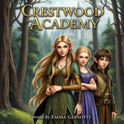 A realistic fantasy book cover featuring the title "Crestwood Academy" prominently at the top and the author's name, "Written by Emma Gianotti" at the bottom