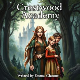 A realistic fantasy book cover featuring the title "Crestwood Academy" prominently at the top and the author's name, "Written by Emma Gianotti" at the bottom