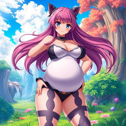 A voluptuous anime character with very large breasts, wearing a revealing outfit that accentuates her curves