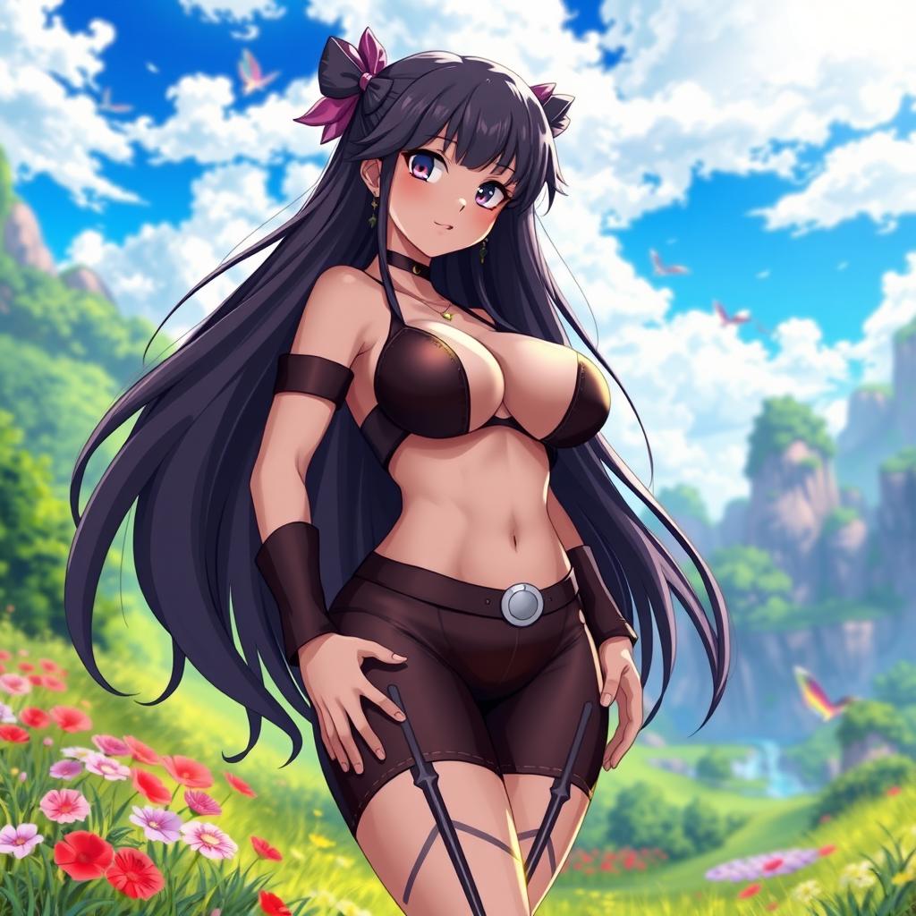 A voluptuous anime character with very large breasts, wearing a revealing outfit that accentuates her curves