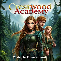 A realistic fantasy book cover showcasing the title "Crestwood Academy" prominently displayed at the top, and the author's name, "Written by Emma Gianotti," at the bottom