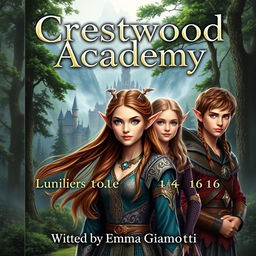 A realistic fantasy book cover showcasing the title "Crestwood Academy" prominently displayed at the top, and the author's name, "Written by Emma Gianotti," at the bottom