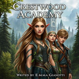 A realistic fantasy book cover showcasing the title "Crestwood Academy" prominently displayed at the top, and the author's name, "Written by Emma Gianotti," at the bottom