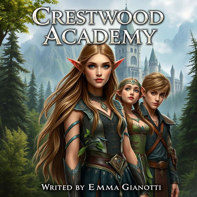 A realistic fantasy book cover showcasing the title "Crestwood Academy" prominently displayed at the top, and the author's name, "Written by Emma Gianotti," at the bottom