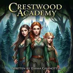 A realistic fantasy book cover showcasing the title "Crestwood Academy" prominently displayed at the top, and the author's name, "Written by Emma Gianotti," at the bottom