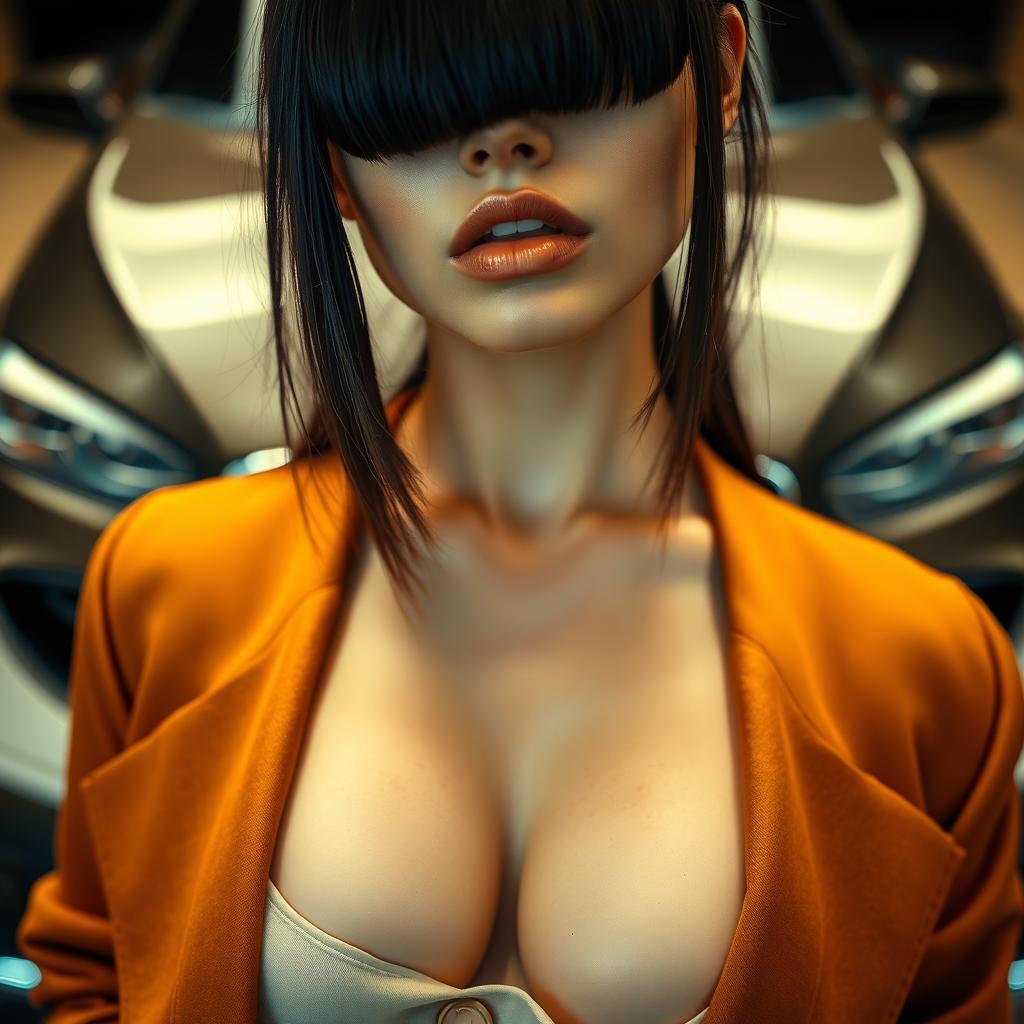 An extreme close-up of a gorgeous female's chest, emphasizing her stylish outfit with bangs framing her face