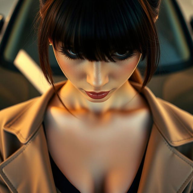 An extreme close-up of a gorgeous female's chest, emphasizing her stylish outfit with bangs framing her face