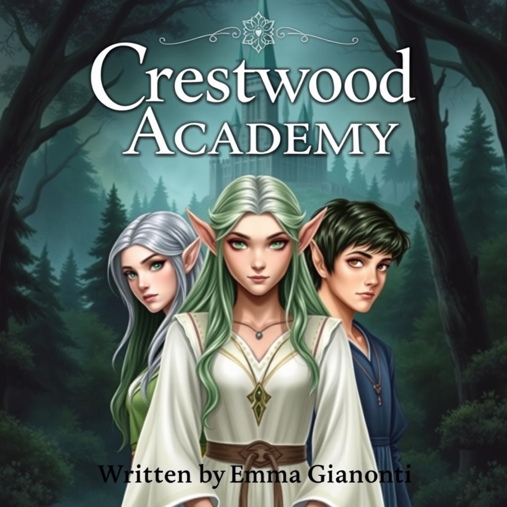 A fantasy book cover for 'Crestwood Academy' written by Emma Gianotti