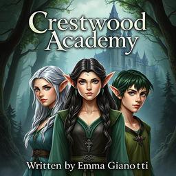 A fantasy book cover for 'Crestwood Academy' written by Emma Gianotti