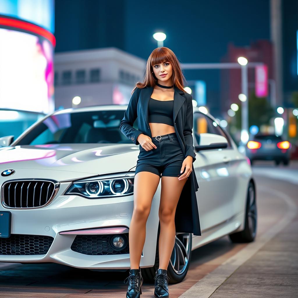 An extreme beauty, a gorgeous female model with stylish bangs, standing confidently in a full body pose beside a sleek BMW car