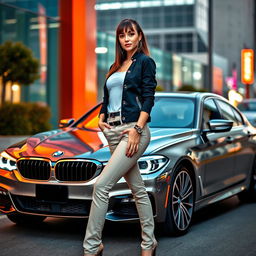 An extreme beauty, a gorgeous female model with stylish bangs, standing confidently in a full body pose beside a sleek BMW car