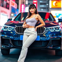 An extreme beauty, a gorgeous female model with stylish bangs, standing confidently in a full body pose beside a sleek BMW car