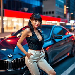 An extreme beauty, a gorgeous female model with stylish bangs, standing confidently in a full body pose beside a sleek BMW car