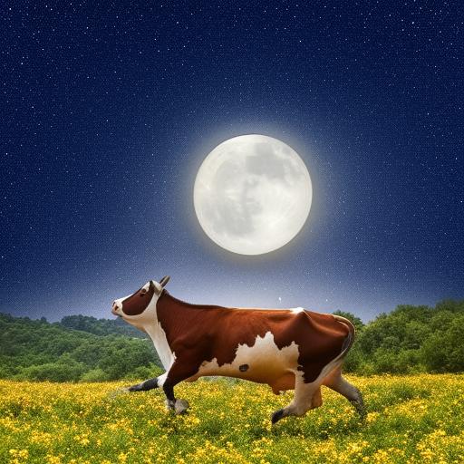 Whimsical scene of a cow effortlessly jumping over a bright, full moon in the crisp, star-studded night sky.