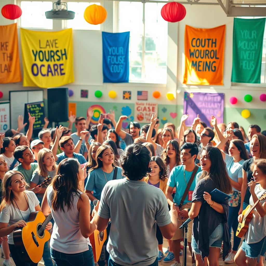 A vibrant and energetic scene showcasing a youth-focused religious gathering in a school setting