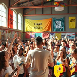 A vibrant and energetic scene showcasing a youth-focused religious gathering in a school setting