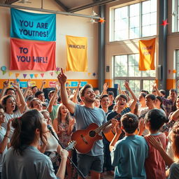 A vibrant and energetic scene showcasing a youth-focused religious gathering in a school setting