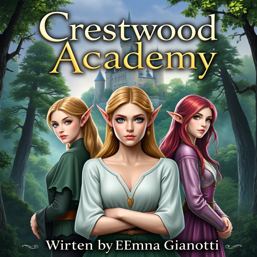 A fantasy book cover for 'Crestwood Academy' written by Emma Gianotti