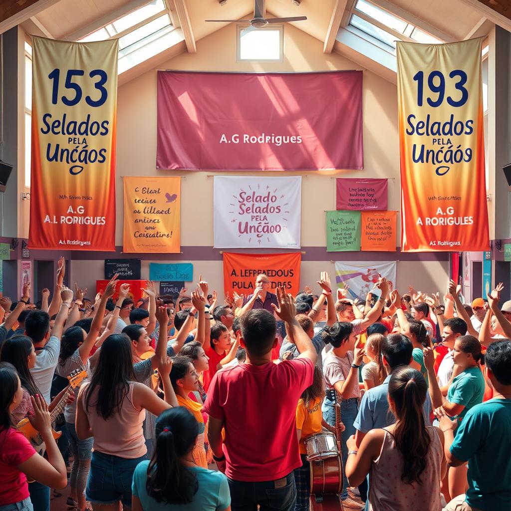 A vibrant and energetic scene depicting a youth-focused religious event in a school hall, centered around the theme "153 Selados Pela Unção"