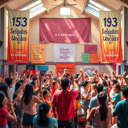 A vibrant and energetic scene depicting a youth-focused religious event in a school hall, centered around the theme "153 Selados Pela Unção"