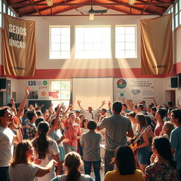 A vibrant and energetic scene depicting a youth-focused religious event in a school hall, centered around the theme "153 Selados Pela Unção"