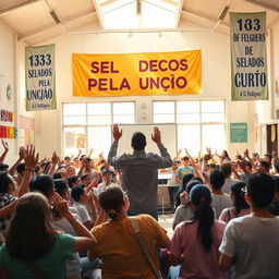 A vibrant and energetic scene depicting a youth-focused religious event in a school hall, centered around the theme "153 Selados Pela Unção"