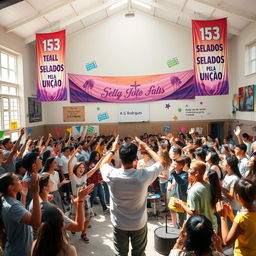 A vibrant and energetic scene depicting a youth-focused religious event in a school hall, centered around the theme "153 Selados Pela Unção"