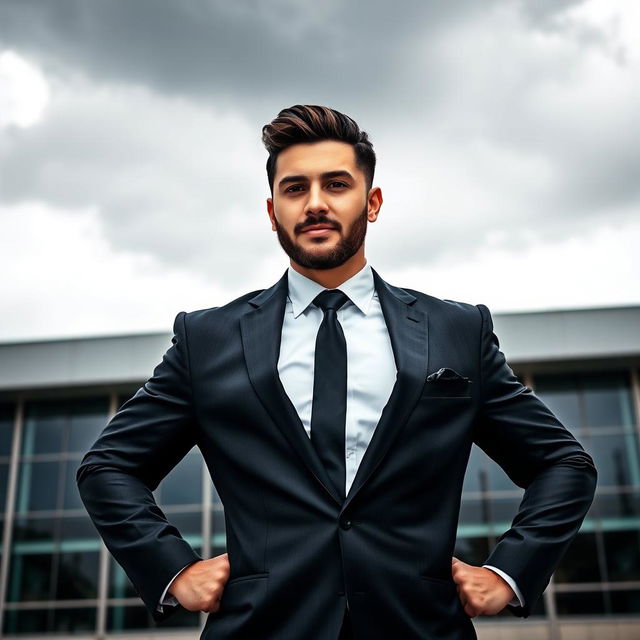 A man in a sharp suit standing confidently with his hands on his hips, showcasing a strong pose