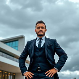 A man in a sharp suit standing confidently with his hands on his hips, showcasing a strong pose