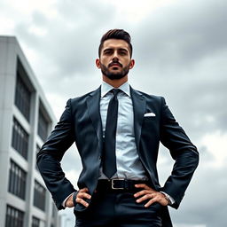 A man in a sharp suit standing confidently with his hands on his hips, showcasing a strong pose