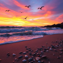 Undulating ocean waves crashing against a rocky shoreline at sunset, with vibrant hues of orange, pink, and purple lighting up the sky