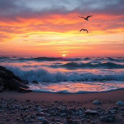 Undulating ocean waves crashing against a rocky shoreline at sunset, with vibrant hues of orange, pink, and purple lighting up the sky