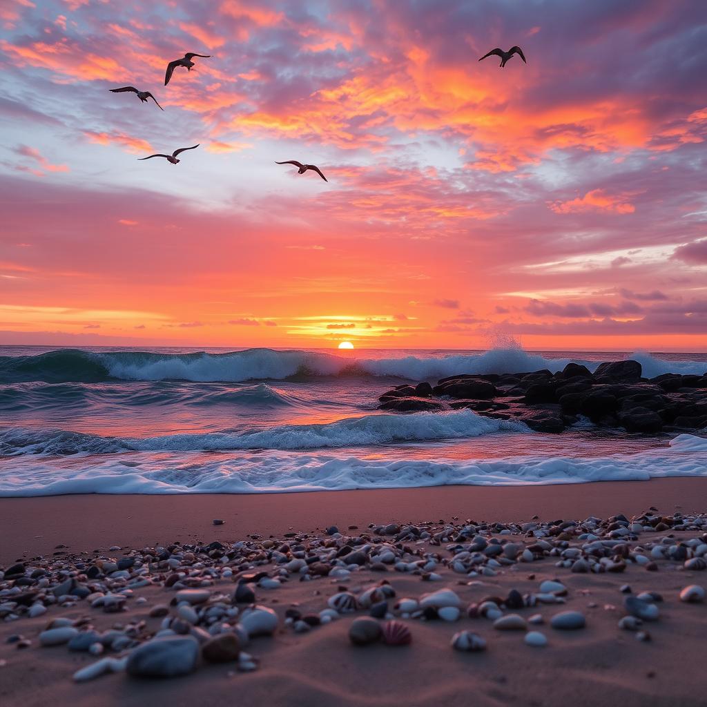 Undulating ocean waves crashing against a rocky shoreline at sunset, with vibrant hues of orange, pink, and purple lighting up the sky