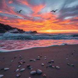 Undulating ocean waves crashing against a rocky shoreline at sunset, with vibrant hues of orange, pink, and purple lighting up the sky