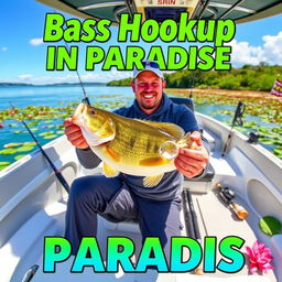 The text "Bass Hookup in Paradise" is displayed in vibrant colors, such as bright greens and blues that evoke a refreshing, outdoor vibe