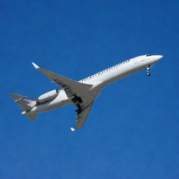 A sleek and modern airline jet soaring high in a clear blue sky