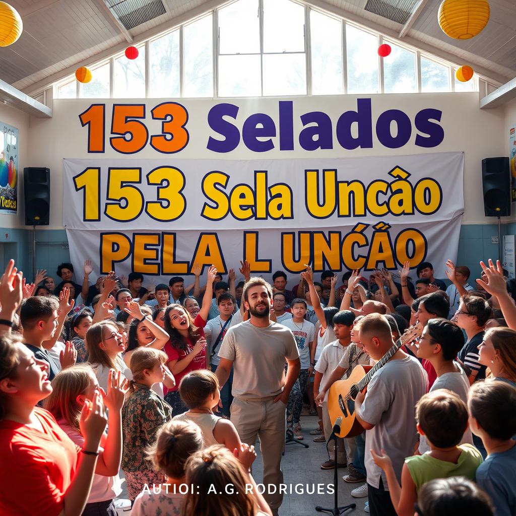 A vibrant and energetic scene showcasing a youth-focused religious event in a school environment, emphasizing the theme "153 Selados Pela Unção" prominently displayed in bold, eye-catching letters