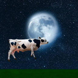 Whimsical scene of a cow effortlessly jumping over a bright, full moon in the crisp, star-studded night sky.