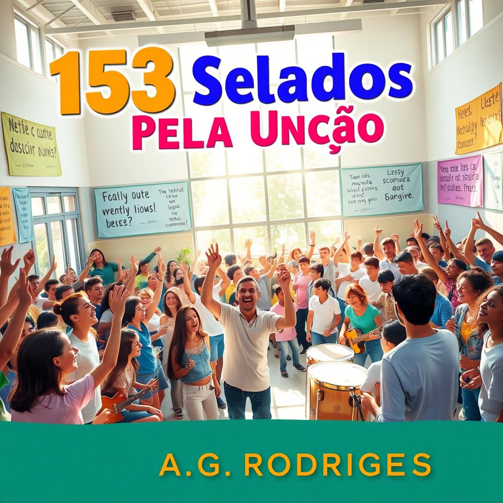 A vibrant and engaging scene depicting a youth-oriented religious event in a school environment, prominently featuring the title "153 Selados Pela Unção" in bold, eye-catching letters