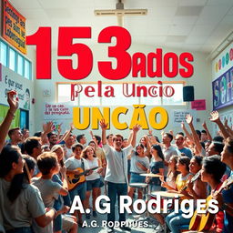 A vibrant and engaging scene depicting a youth-oriented religious event in a school environment, prominently featuring the title "153 Selados Pela Unção" in bold, eye-catching letters