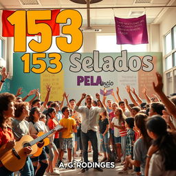 A vibrant and engaging scene depicting a youth-oriented religious event in a school environment, prominently featuring the title "153 Selados Pela Unção" in bold, eye-catching letters