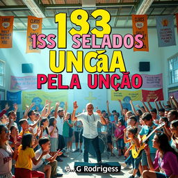 A vibrant and engaging scene depicting a youth-oriented religious event in a school environment, prominently featuring the title "153 Selados Pela Unção" in bold, eye-catching letters