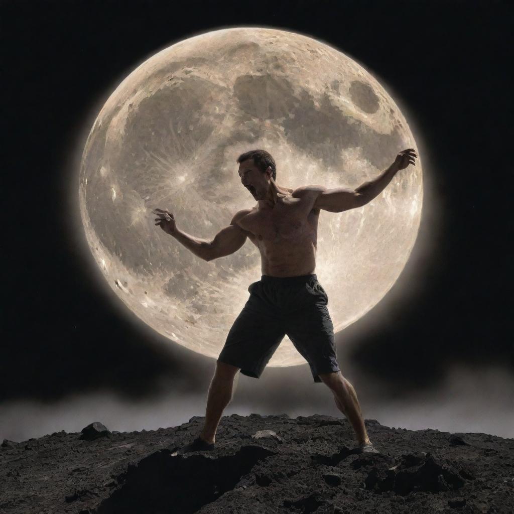 A furious man channeling such raw power that he is destructing the moon.