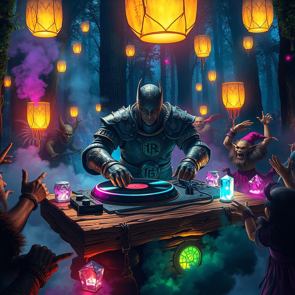 An imaginative scene depicting a medieval DJ performing at a high-energy rave session inspired by Dungeons & Dragons