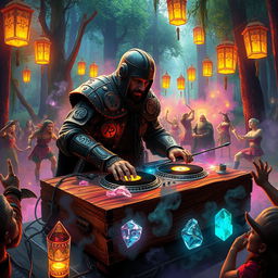 An imaginative scene depicting a medieval DJ performing at a high-energy rave session inspired by Dungeons & Dragons