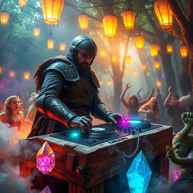 An imaginative scene depicting a medieval DJ performing at a high-energy rave session inspired by Dungeons & Dragons